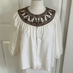 Elie Tahari White Blouse with Brown Embroidered Yoke